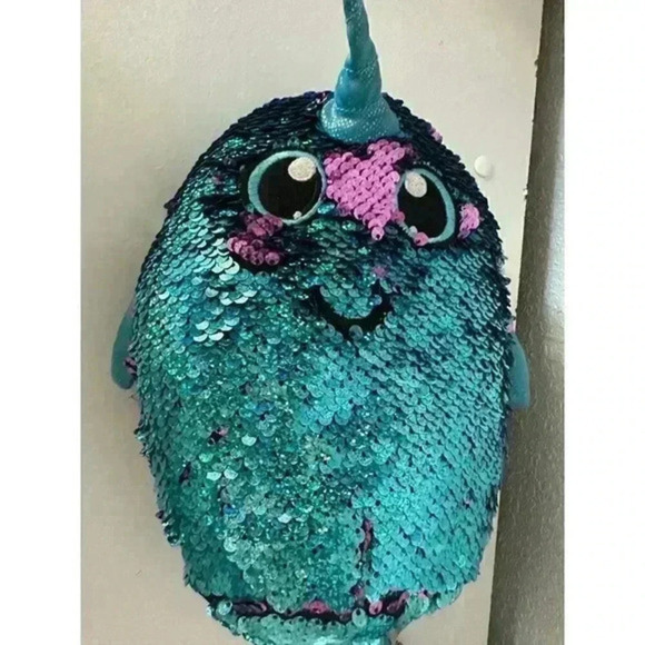Shimmeez Narwal Plush Blue Purple Flip Sequined Shimmer Stuffed Animal Whale Toy - Picture 2 of 6